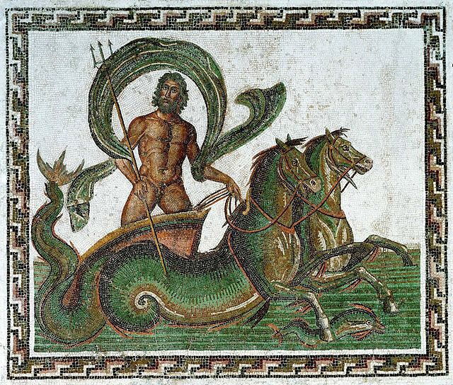 Der Meeresgott Neptun in einem Mosaik dargestellt