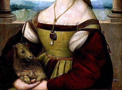 Porträt einer jungen Frau mit Einhorn, Raphael, Detail
