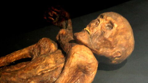 Eine Rekonstruktion von Ötzi/ Der Bozener Mann aus dem Eis