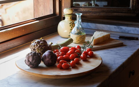 Terrazza Cortonese: Essen, Tabelle, Geschirr, Dishware, Obst, Zutat, Bilderrahmen, Holz, Natural Foods