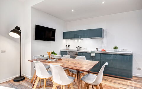 Luxury Blues Apartment: Cabinetry, Eigentum, Möbel, Countertop, Holz, Tabelle, Küche, Interior Design, Beleuchtung, Stuhl