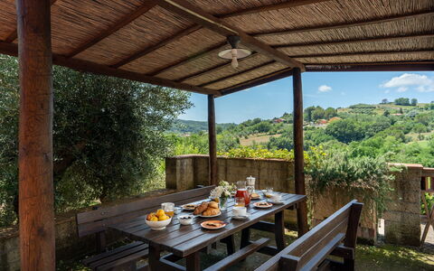 Villa Laura: Tabelle, Pflanze, Möbel, Schatten, Holz, Veranda, Interior Design, Wolke, Baum, Freizeit