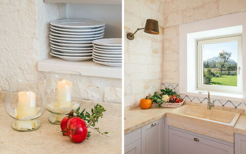 Villa Bellavista: Cabinetry, Geschirr, Essen, Countertop, Weiss, Pflanze, Zapfhahn, Sinken, Holz, Dishware