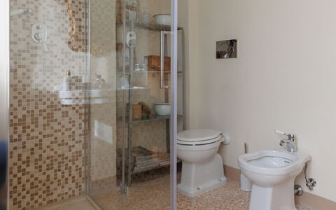 Appartamento Mancini: Armatur, Toilette, Badezimmer, Toilleten Sitz, Interior Design, Fussboden, Flooring, Installation, Duschtür, Holz