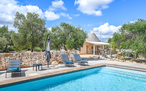 Trullo Ulivo: Wasser, Wolke, Pflanze, Himmel, Eigentum, Möbel, Schwimmbad, Blau, Azurblau, Baum