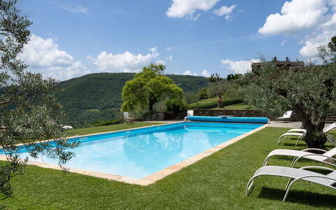 Villa Olivi - Subbiano, Toscana, Pool And Nature: Wasser, Wolke, Pflanze, Himmel, Eigentum, Schwimmbad, Baum, Natürliche Landschaft, Gewässer, Schatten