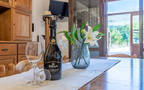 Casa Tramonti: Eigentum, Tabelle, Pflanze, Flasche, Gebäude, Cabinetry, Drinkware, Geschirr, Blume, Holz