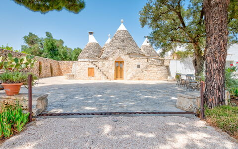 Villa Del Capitolo Con Trullo: Himmel, Pflanze, Blumentopf, Baum, Strassenbelag, Tür, Ländliches Gebiet, Landschaft, Gras, Fassade
