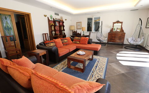 Villa Rosarno: Bilderrahmen, Möbel, Couch, Tabelle, Komfort, Holz, Wohnzimmer, Studio Couch, Orange, Lampe