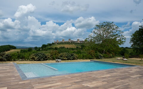 La Capanna, Borgo Campassini, Monteriggioni: Schwimmbad, Garten, Flagstone, Landscaping, Schatten, Holzboden, Walkway, Hinterhof, Gartenmöbel, Fliese