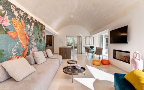 Trullo Brenda: Flooring, Interior Design, Möbel, Fussboden, Decke, Zuhause, Wohnzimmer, Resort, Couch
