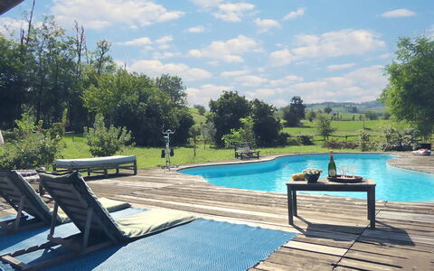 Villa Poggio Zucchino, Pool, Wellness, Piacenza: Schwimmbad, Möbel, Gartenmöbel, Stuhl, Resort, Sonnenliege, Schatten, Freizeit, Tisch Im Freien, Hinterhof