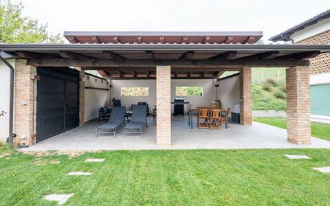 Cuadrat: Schatten, Outdoor Struktur, Backstein, Garten, Hinterhof, Pergola, Terrasse, Hof, Gartenmöbel, Rasen