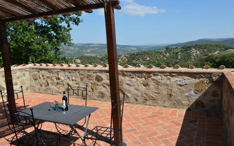 Agriturismo Bellavista, Private Pool, Val D'Orcia: Wand, Gartenmöbel, Tisch Im Freien, Schatten, Flagstone, Balkon, Stuhl, Grat, Blumentopf, Zaun
