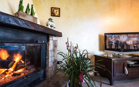 Villa Pandora: Feuerstelle, Möbel, Interior Design, Wohnzimmer, Beleuchtung, Hitze, Zimmer, Couch, Kamin