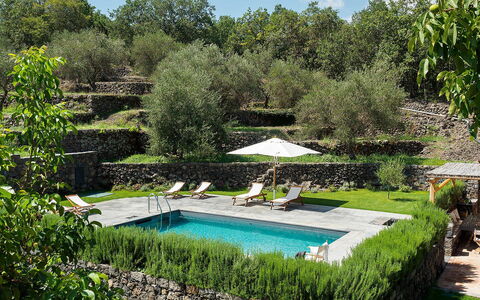 Villa Alcantara: Schwimmbad, Strauch, Garten, Resort, Hinterhof, Landscaping, Eco Hotel, Schatten, Garten, Flagstone