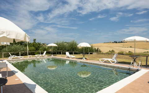 Il Giuncheto Apartments, Pool, Umbrian Countryside: Schwimmbad, Gartenmöbel, Stuhl, Sonnenliege, Landscaping, Resort, Villa, Regenschirm