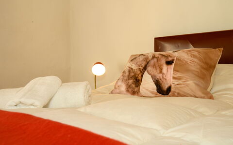 Villa the Horses: Schlafzimmer, Bettdecke, Linens, Textil, Bedding, Bett, Möbel, Interior Design, Braun, Beleuchtung