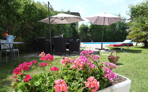 Villa Eva: Möbel, Gartenmöbel, Strauch, Stuhl, Garten, Regenschirm, Blumentopf, Tisch Im Freien, Schatten