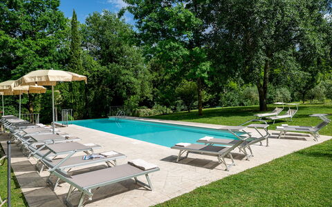 Il Molinaccio 14+2: Schwimmbad, Gartenmöbel, Möbel, Sonnenliege, Resort, Schatten, Garten, Stuhl, Eco Hotel, Rasen