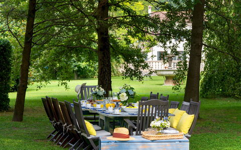 Villa Barchessa Panigai 8: Möbel, Gartenmöbel, Stuhl, Tabelle, Garten, Tisch Im Freien, Rasen, Schatten, Hinterhof