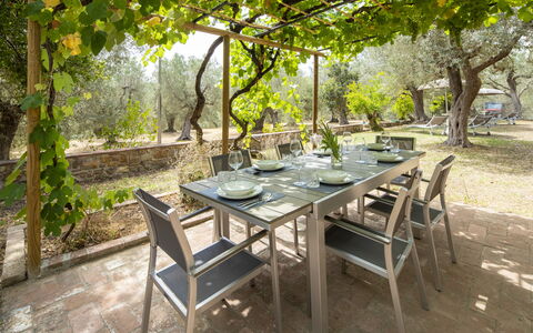 Casale le Lupe Apartments: Möbel, Tabelle, Küche & Esszimmer Tisch, Gartenmöbel, Tisch Im Freien, Stuhl, Restaurant, Schatten, Terrasse, Garten