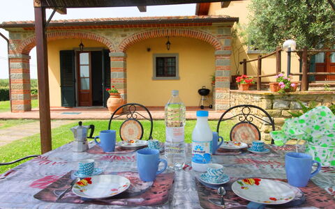 Podere Marcigliano: Geschirr, Tabelle, Eigentum, Möbel, Pflanze, Dishware, Gebäude, Stuhl, Azurblau, Drinkware