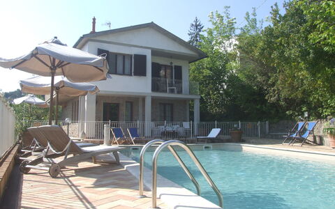 Villa Il Castagno: Wasser, Himmel, Gebäude, Schwimmbad, Pflanze, Gartenmöbel, Schatten, Sonnenliege, Haus, Baum